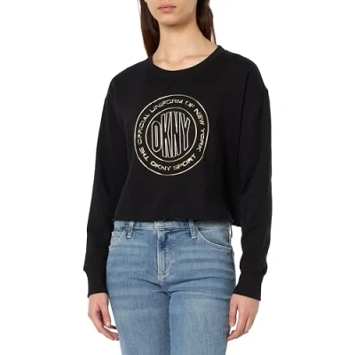 Image of DKNY Women&#039;s Sport Metallic Medallion Logo Cropped Pullover Sweater, Black Gold, M