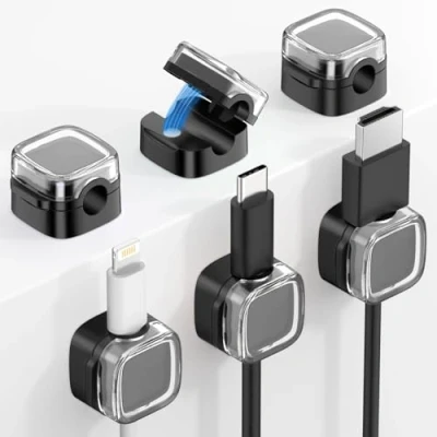 Image of MoKo 6 Pack Magnetic Cable Clips, Under Desk Management, Adhesive Cord Holder, Organizer Wire Holder Keeper for Nightstand Office Car Wall Glass, Black