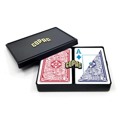 Image of Copag 4 Color Legacy Design 100% Plastic Playing Cards, Bridge Size (Narrow) Jumbo Index Red/Blue Double Deck Set…