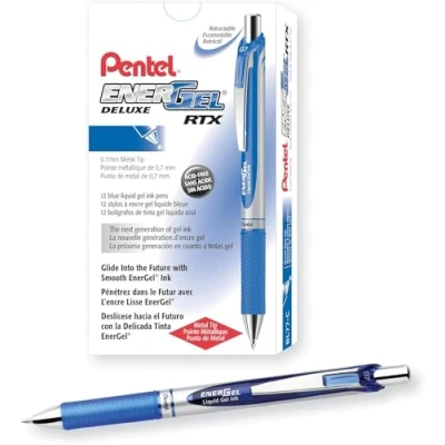 Image of Pentel EnerGel XM BL77 Retractable Liquid Gel Ink Pen 0.7mm 54% Recycled Blue Box of 12