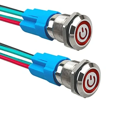Image of Aiqeer 2 Pcs 12 mm Self Locking Latching Push Button Switch, 12V / 24V 3A Car Ignition Starter IP66 Waterproof Stainless Steel with Pre Wired Socket (Red LED)