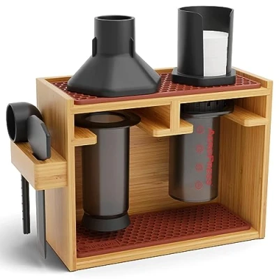 Image of HEXNUB Bamboo Organizer for AeroPress, Coffee Caddy Station Holds AeroPress Maker, Accessories, Filters, Cups, Stand includes Dripper Mats (Brown)