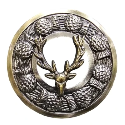 Image of Scottish Kilt Plaid Brooch Thistle Crest Silver Finish Celtic Knot Brooches &amp; Pin Ladies Scarf, Tartan Sash, Shawl 8cm (Stag Head Antique Finish)