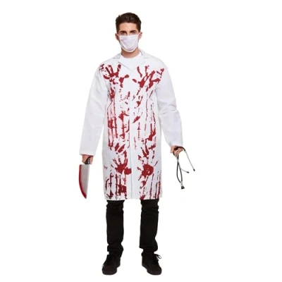 Image of Lizzy Bloody Doctor (One Size) Adult fancy dress Costume coat with gory blood detail and a mask accessory halloween night party (Bloody Only)
