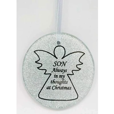 Image of DF Son Angel Silver Glass Christmas Tree Hanging Plaque, Memorial Decoration Xmas Bauble