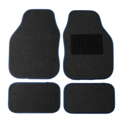 Image of Sakura Car Mat Set of 4 Heavy Duty Hard Wearing Carpet Water Repellent Flexible Grey with Blue Trim Universal Fit Front Rear Heelpad Non Slip Backing RHD