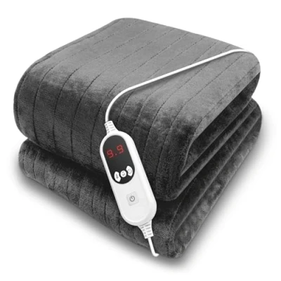 Image of Purus Grey Heated Throw Electric Blanket, 160 x 120cm Blanket Machine Washable Soft Micro Fleece Overblanket with 12HR Timer and 9x Control Heat Settings