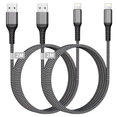 Image of iPhone Charger Cable 2M 2Pack Lightning [MFi Certified], USB to Long Nylon Braided Fast Lead Wire for 14/13/12/11/X/8, iPad, AirPods