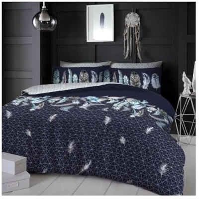 Image of GC GAVENO CAVAILIA Feather King Size Duvet Cover Sets, Geometric Bedding Set, Reversible Diamond Quilt Feathers Navy
