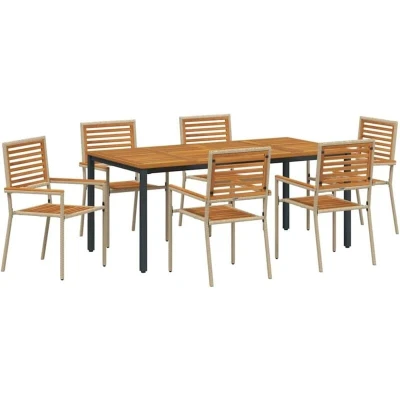 Image of vidaXL 7 Piece Garden Dining Set Beige Poly Rattan Acacia
