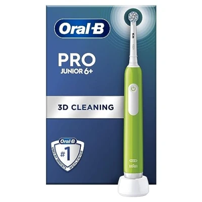 Image of Oral B Pro Junior Kids Electric Toothbrush, 1 Toothbrush Head, 3 Modes with Kid Friendly Sensitive Mode, for Ages 6+, 2 Pin UK Plug, Green