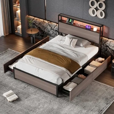 Image of ModernLuxe 3FT Single Bed Frame with LED Light Strip and 4 Drawers, 3 USB Port, Multifunctional Metal for Adults Teenagers, Sturdy Wrought Iron Bed, Rustic Wood Finish, Grey, 90x190cm