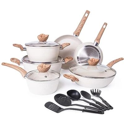 Image of Non Stick Pots and Pans Set Induction Hob 15pcs Kitchen Cookware with Lids Cooking Cream Granite Saucepan by Nuovva