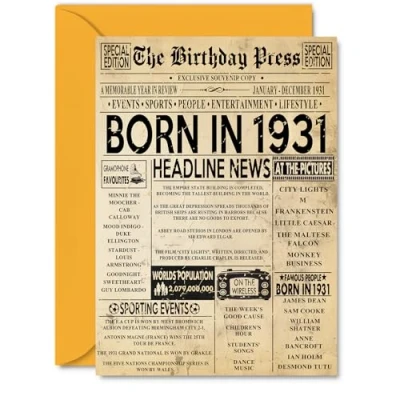 Image of 94th Birthday Card for Women Men Bday Press Newspaper 1931 Happy 94 Cards Grandad Husband Wife Uncle Dad Auntie, A5 Greeting
