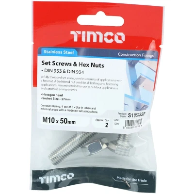 Image of 8x TIMCO Set Screws &amp; Hex Nuts Stainless Steel S1050SSP