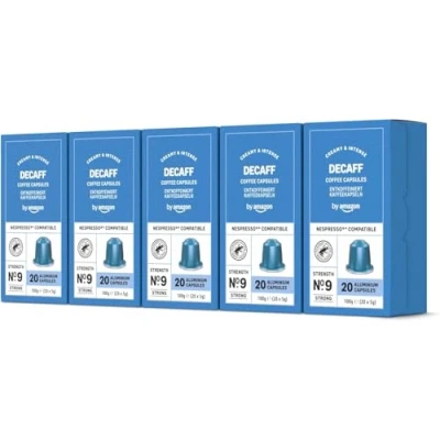 Image of by Amazon Espresso Decaf Aluminium Coffee Pods Compatible with Nespresso, Medium roast, 100 Capsules, 20 Count (Pack of 5) Rainforest Alliance Certified