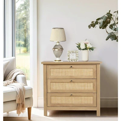 Image of Hallowood Furniture Newquay Oak Effect Chest with 3 Wooden Drawers &amp; Rattan Front, Small of Drawers, Bedside Hallway Bedroom Storage Unit, Living Room Cabinets