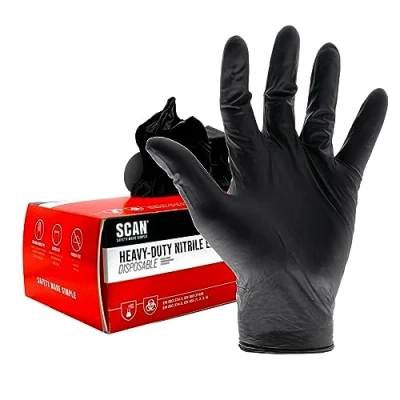 Image of Scan SCAGLODNHDM Heavy Duty Nitrile Gloves Disposable Black Medium 100 Pack