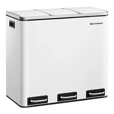 Image of SONGMICS 3 x 18 Litre Waste Separation Bin with Sacks Compartments Slow Close Lid Inner Buckets and Handles for Kitchen White LTB54WT