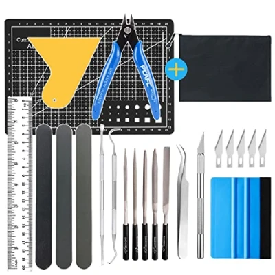 Image of 22 PEC DIY Craft Tool Set Weeding Model Tools Plotter Accessories Grid Hook Tweezers Spatula + A5 Mat Pliers Sanding Sticks Metal File for Gundam Car Building Repairing