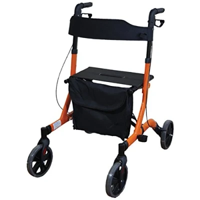 Image of Aidapt Deluxe Orange Folding Light Weight 4 Wheeled Rollator Mobility Aid with Seat, Carry Bag, Lockable Brakes, Walking Stick Holder and Puncture Proof TYRES for Indoor Outdoor use