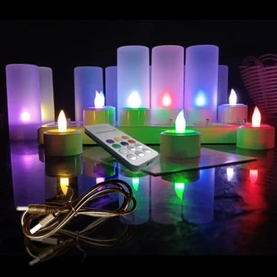 Image of Flameless Candles 12pcs Rechargeable Tea LED Flickering Lights, 12 Frosted Cups with Charging Base for Valentine&#039;s Day Christmas Halloween Wedding Outdoor Party Decor (RGB Remote Control)