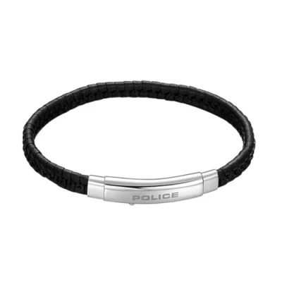 Image of Police Pulseira Indy II Stainless Steel &amp; Black Leather Bracelet for Men 18.5cm PEAGB0009503