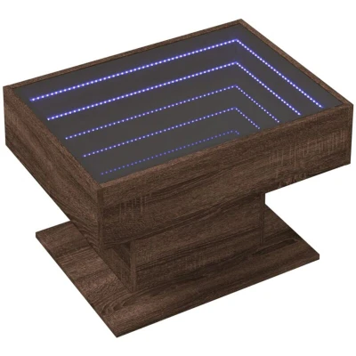 Image of vidaXL Coffee Table with LED Lights Brown Oak Engineered Wood 70x50x45 cm Modern Living Room Side/Couch Sturdy Top &amp; USB RGB Ambiance