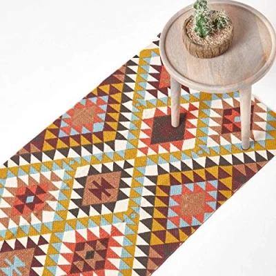 Image of HOMESCAPES Geometric Style Printed Hallway Runner &#039;Oslo&#039; Orange, Yellow, Brown &amp; Cream 100% Cotton Contemporary Rug, 66 x 200 cm
