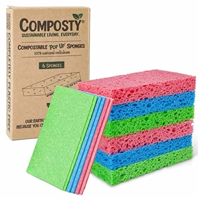 Image of Composty® &#039;Pop Up&#039; Eco Sponges 6 Pack Compostable Zero Waste Plastic Free 100% Natural Cellulose Long Lasting 3 Colours: Perfect for Kitchen, Washing Up, Bathroom One Tree Planted