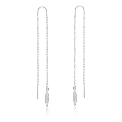 Image of Feather Threader Earrings Sterling Silver Feathers Long Drop Pull Through for Women (Feather Earrings)