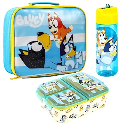 Image of Zawadi Global Bluey Kids Childrens Lunch Box Set Insulated Bag, Multicompartment &amp; 540ml Water Bottle School Travel Food Set, BPA Free