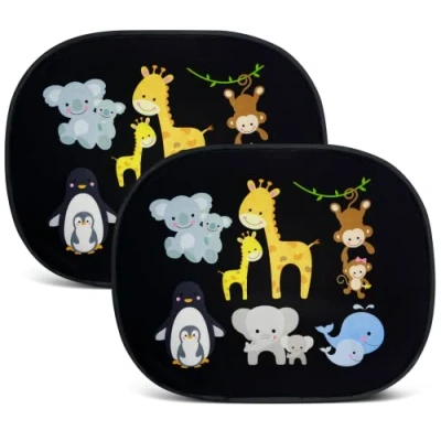 Image of HECKBO 2x car sun visor with 8 suction cups baby animals mum 44x36cm window side sunshade for kids girls boys incl. Bag