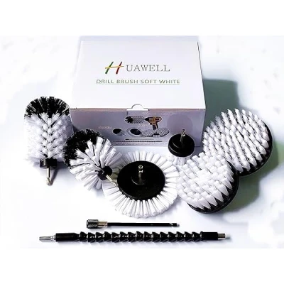 Image of HUAWELL 8 Piece Soft White Drill Brush with Extend Attachment Set Car Interior Detailing Kit, All Purpose for Car, Boat, Seat, Carpet, Upholstery, Bathroom, Grout, Floor and Tile (White)