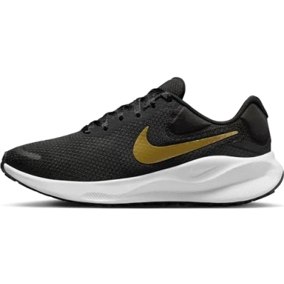 Image of NIKE Women&#039;s Revolution 7 Sneaker, Black Metallic Gold White Dk Smoke Grey, 4.5 UK