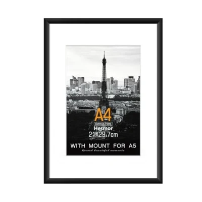 Image of Hesmor A4 Aluminum Acrylic Picture Frames Black 8 x 12 inch Certificate Frame, Single Poster with Mount for A5 Prints, Table Top and Wall Mounting Options