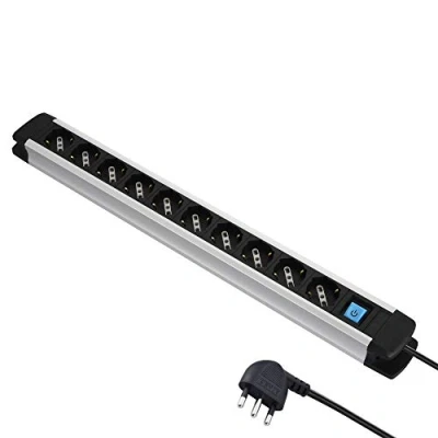Image of Electraline 61903 Mehrfachsteckdose Alu Line, 10 Steckplätze, Schuko + 10/16 A und 1 beleuchteter Schalter, 2 m, mit Gehäuse aus Aluminium