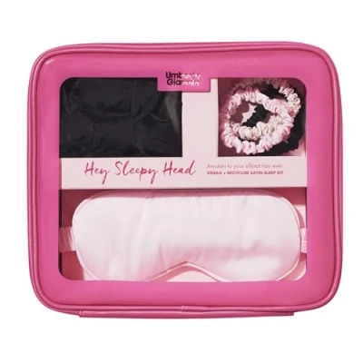 Image of Umberto Giannini Hey Sleepy Head Set with Accessories Toiletry Bag Black Vegan Silk Hair Wrap and Pink Eye Mask for Sleeping &amp; 3 x Scrunchie Ties Women