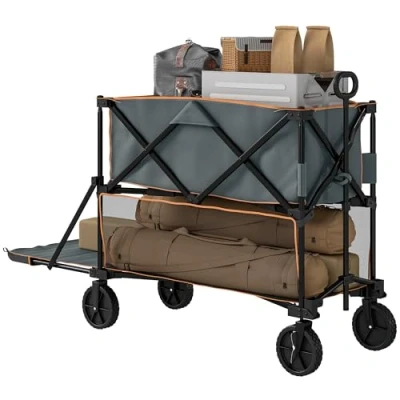 Image of Outsunny Double Decker Folding Trolley on Wheels, 200KG &amp; 350L Capacity Collapsible Wagon Festival Cart with 134cm Extended for Camping Sports Shopping Garden and Beach, Grey