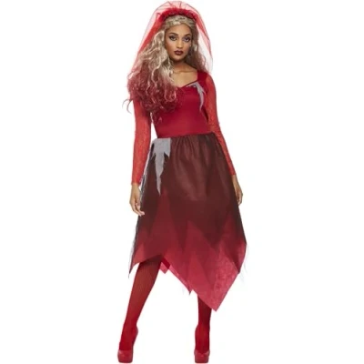 Image of Smiffys Grave Yard Bride Costume, Red Dress &amp; Veiled Headband, Halloween Adult Fancy Dress, Devil Up Costumes