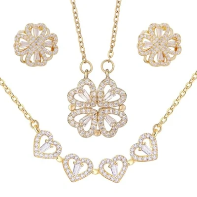 Image of AOWVUTS Four Leaf Clover Jewellery Set, 2 in 1 Love Heart Folding Necklace, Sparkle Crystal Lucky Necklace and Stud Earrings Sets Gift for Women Her Wife Girlfriend (gold)