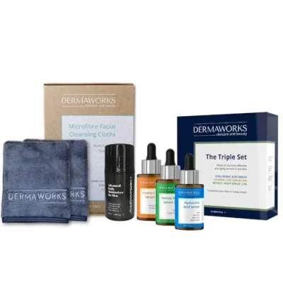 Image of Mens Skincare Gift Set: Face Cream Moisturiser for Men + Serums Set of 3 Vitamin C Serum with Niacinamide Anti aging Retinol Hyaluronic Acid Flannel Cloths by DERMAWORKS
