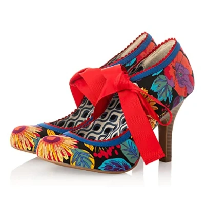 Image of Ruby Shoo Willow Black Botanics Floral High Heel Ribbon Bootie UK 5