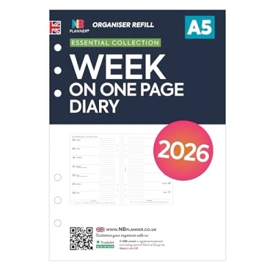 Image of 2026 A5 size week on one pages organiser diary refill insert Filofax COMPATIBLE English UK holidays 148 x 210mm (2026 week)