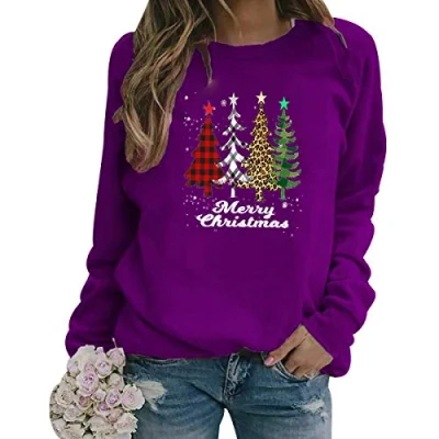 Image of Christmas Tree Jumper Women Xmas Jumpers For Bad Funny Womens Ugly Pullover Ladies Sweatshirt Sweatshirts Purple M