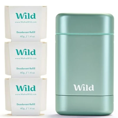 Image of Wild Natural Refillable Deodorant Aluminium Free Aqua Case with 3 x Fresh Cotton &amp; Sea Salt Refill (40g) Vegan Eco Friendly Long Lasting Protection 100% Ingredients Starter Kit