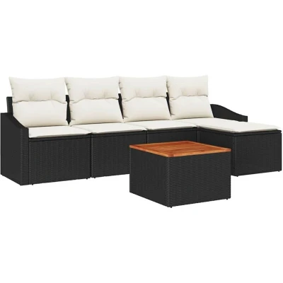 Image of vidaXL 6 Piece Garden Sofa Set with Cushions Black Poly Rattan Acacia