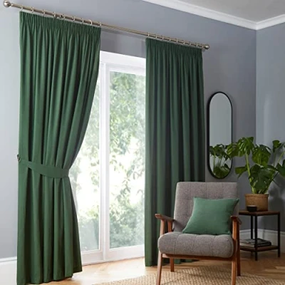 Image of Fusion Dark Green Pencil Pleat Curtains, Blackout Curtains W90 x L54 (228x 137cm) for Living Room and Bedroom, Thermal Emerald Dijon