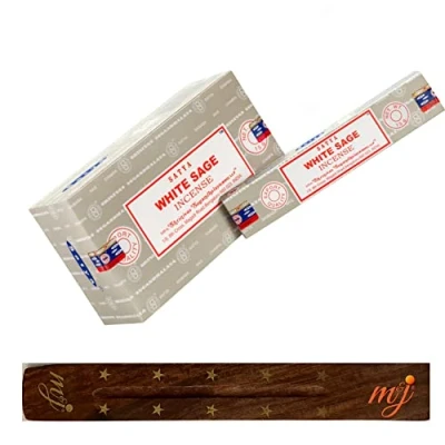 Image of Original Satya Nag Champa White Sage incense sticks with M&amp;J holder Full Box for Aromatherapy, Spa, Yoga, Weddings, Meditation, Healing, Positivity and Relaxation