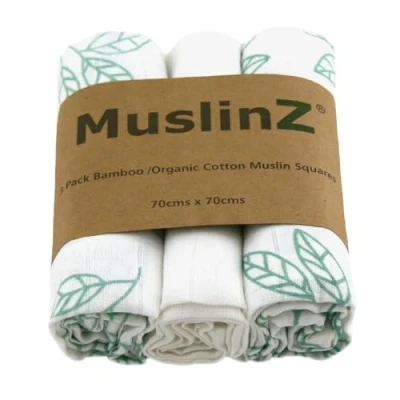 Image of MuslinZ 3PK Bamboo/Organic Cotton Muslin Squares 70x70cm Aqua Leaf/White